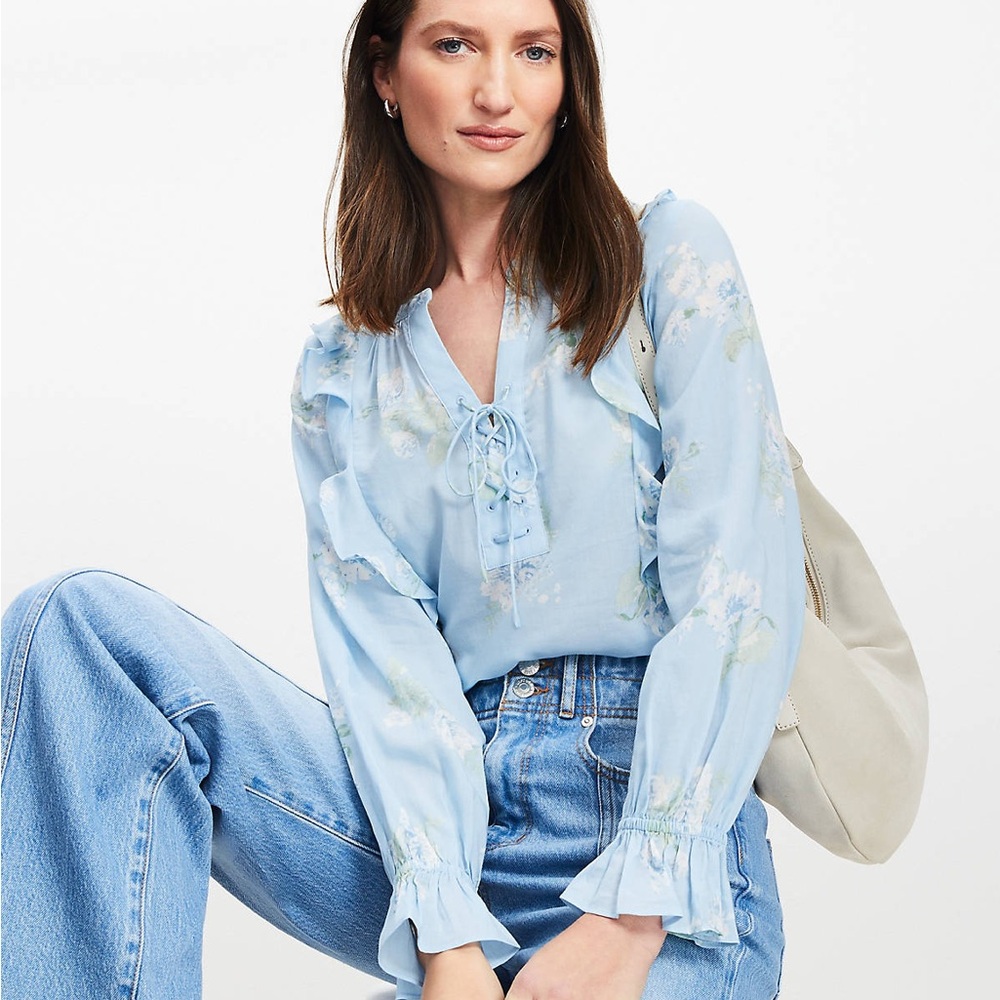 LOFT Floral Lace Up Ruffle Blouse